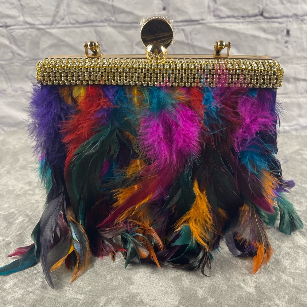 New Colorful Feathered Clutch Evening Bag - Picture 15 of 15